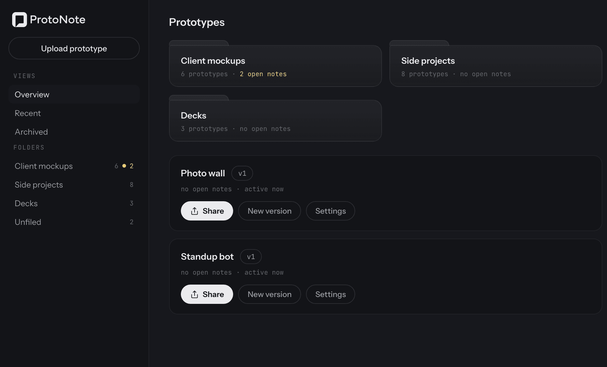 The ProtoNote dashboard with prototypes organized into folders, each showing its prototype count and open notes